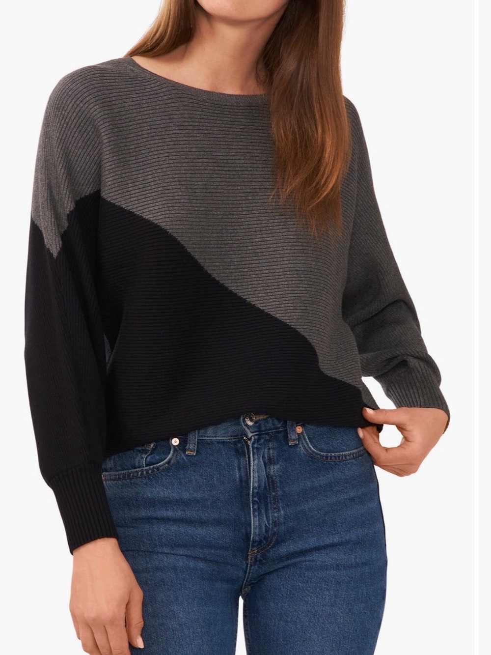 Vince Camuto Colorblock Crewneck Sweater - Gray & Black raglan sleeve
